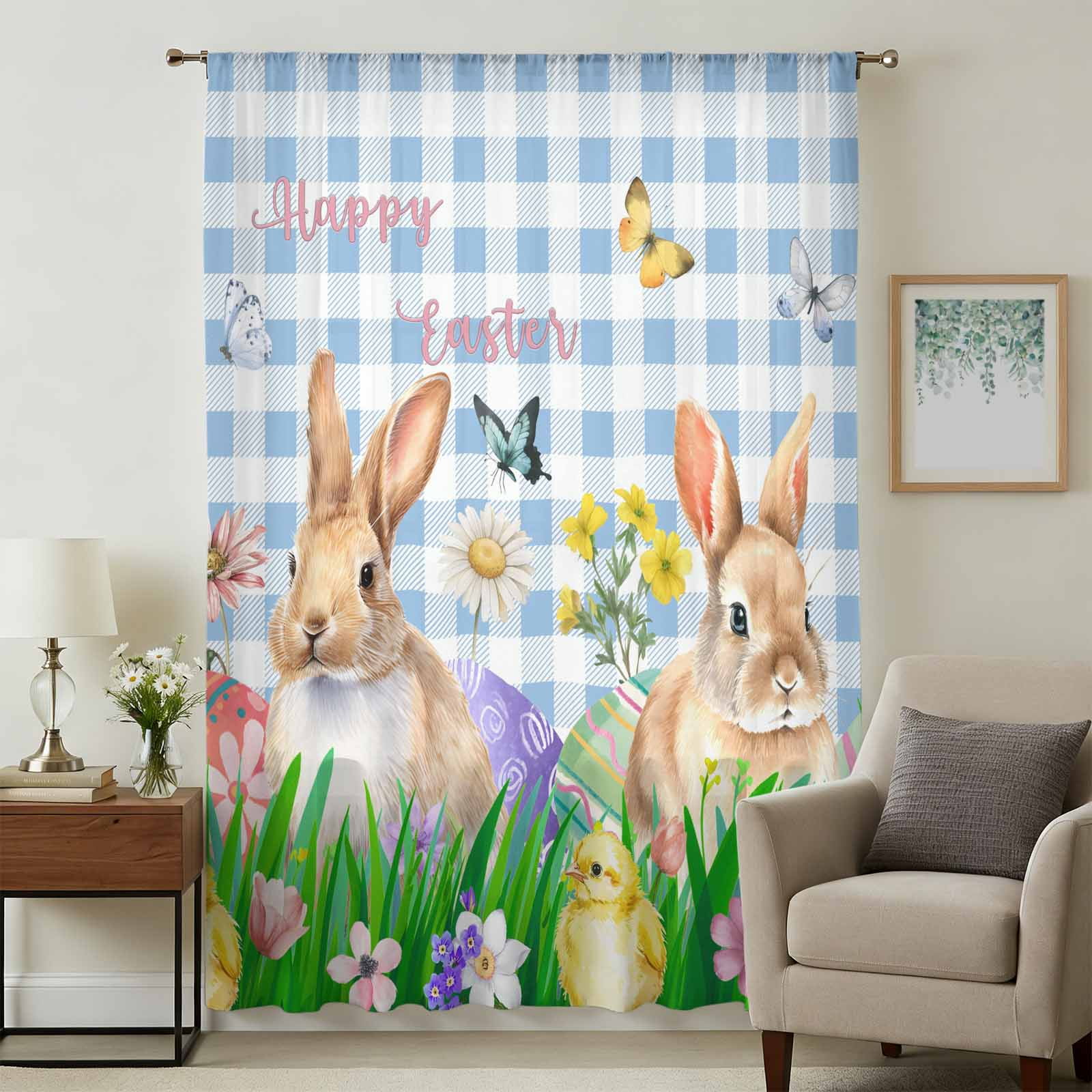 Easter Bunny Sheer Curtains 108 Inches Extra Long, Spring Easter Eggs ...