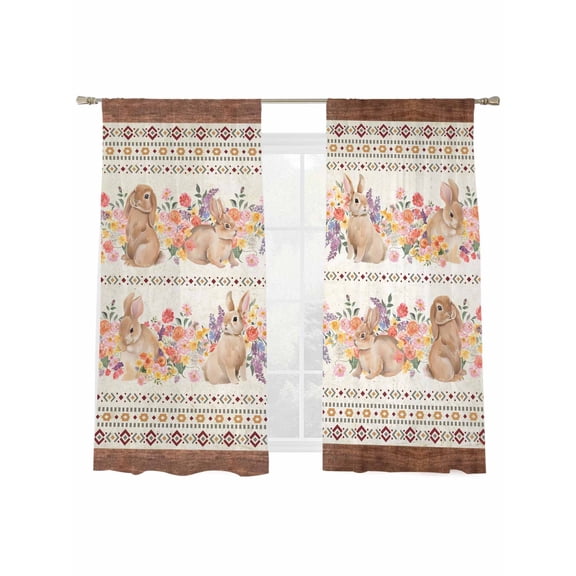 Easter Bunny Sheer Curtains 2 Panels Set, 52''Wx63''L Vintage Southwest Spring Colorful Floral Leaves Linen Light Filtering Rod Pocket Voile Drapes, Window Sheer Curtains for Living Room/Bedroom