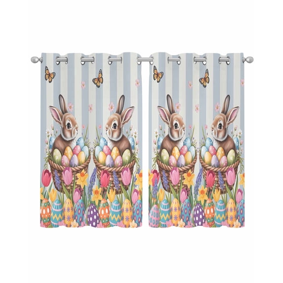 Easter Bunny Sheer Curtains 45 Inch Length 2 Panels Set for Living Room/Bedroom, Colorful Eggs Spring Tulips Flower Blue Stripes Kitchen Curtains Grommet Curtains Window Treatments 42"x45"x2