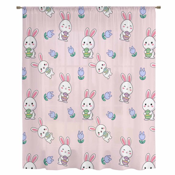 Easter Bunny Sheer Curtains 45 Inches Long, Cute Rabbits Eggs Tulips Flowers Rustic Pink Light Filering Curtains, Breathable Simi Curtain Privacy Drapes for Kitchen Bathroom Small Window Treatment