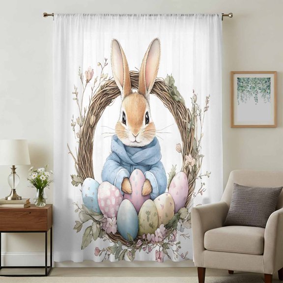 Easter Bunny Sheer Curtains 45 Inches Long, Spring Blooms Floral Colorful Eggs Light Filering Curtains, Breathable Simi Curtain Privacy Drapes for Kitchen Bathroom Lightweight Small Window Treatment