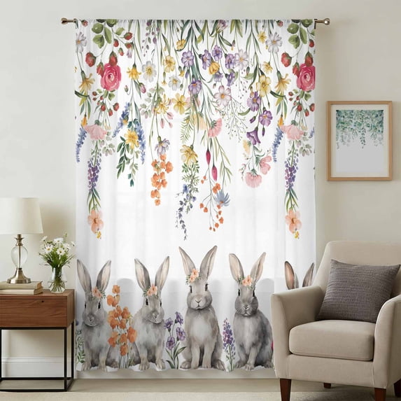 Easter Bunny Sheer Curtains 45 Inches Long, Spring Flowers Watercolor Botanical Light Filering Curtains, Breathable Simi Curtain Privacy Drapes for Kitchen Bathroom Lightweight Small Window Treatment