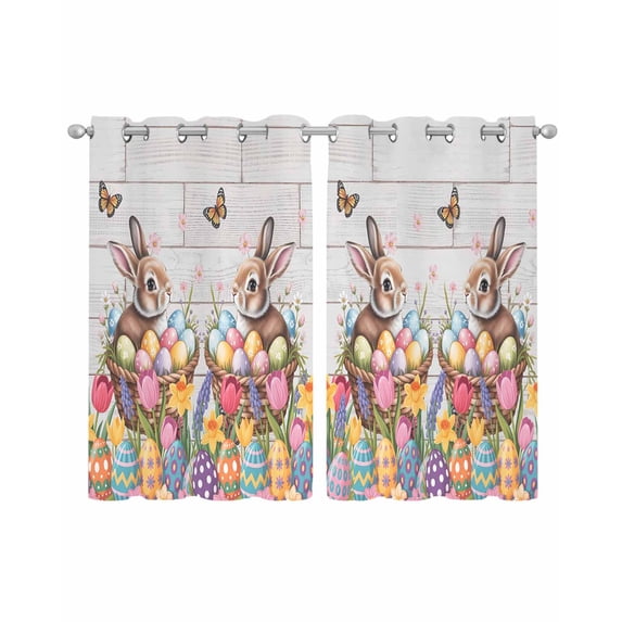 Easter Bunny Sheer Curtains 54 Inch Length 2 Panels Set for Living Room/Bedroom, Colorful Eggs Spring Tulips Flower Grey Wooden Kitchen Curtains Grommet Curtains Window Treatments 42"x54"x2