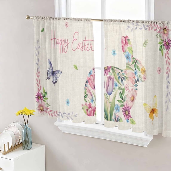Easter Bunny Sheer Curtains 54 Inch Length 2 Panels Set Window Treatments, Spring Flower Daisy Tulips Vintage Leaves Rod Pocket Semi Curtains for Living Room/Bedroom/Kitchen Décor, 104"W x 54"L
