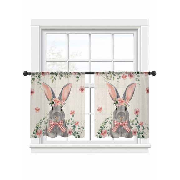 Easter Bunny Sheer Curtains 54 Inch Long 2 Panels, Watercolor Spring Red Floral Green Eucalyptus Leaves Linen Texture Light Filtering Rod Pocket Sheer Voile Drapes for Living Room, 52"x54"