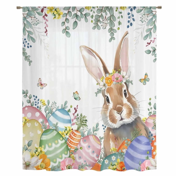 Easter Bunny Sheer Curtains 54 Inches Long, Colorful Easter Eggs Eucalyptus Leaves Weeping Light Filering Curtains, Breathable Simi Curtain Privacy Drapes for Kitchen Bathroom Small Window Treatment