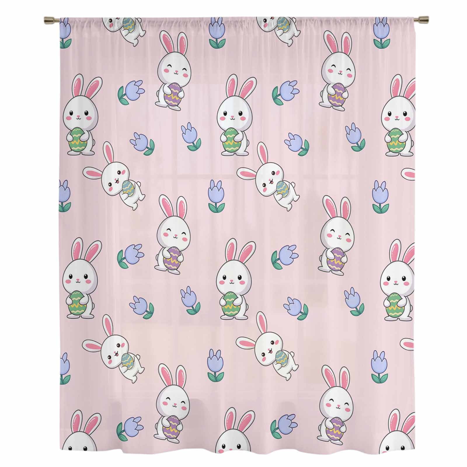 Easter Bunny Sheer Curtains 54 Inches Long, Cute Rabbits Eggs Tulips ...