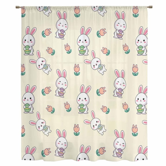 Easter Bunny Sheer Curtains 54 Inches Long, Eggs Lovely Rabbits Spring Tulips Floral Yellow Light Filering Curtains, Breathable Simi Curtain Privacy Drapes for Kitchen Bathroom Small Window Treatment