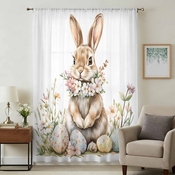 Easter Bunny Sheer Curtains 54 Inches Long, Pastel Spring Floral Wreath Rabbit Eggs Light Filering Curtains, Breathable Simi Curtain Privacy Drapes for Kitchen Bathroom Small Window Treatment