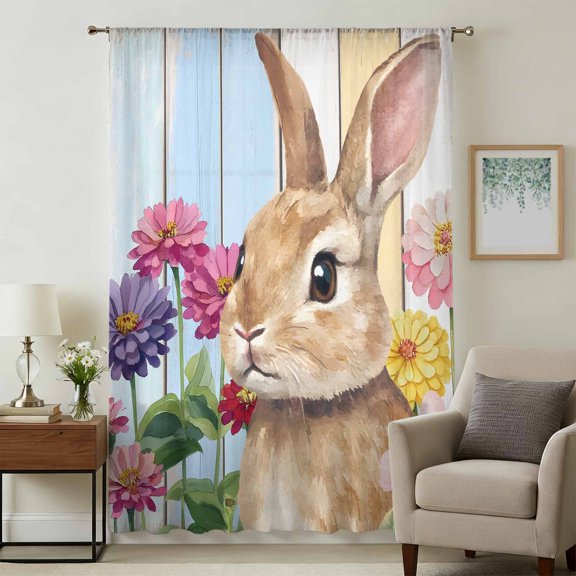 Easter Bunny Sheer Curtains 54 Inches Long, Spring Colorful Daisy Flowers Rabbit Wood Plank Light Filering Curtains, Breathable Simi Curtain Privacy Drapes for Kitchen Bathroom Small Window Treatment