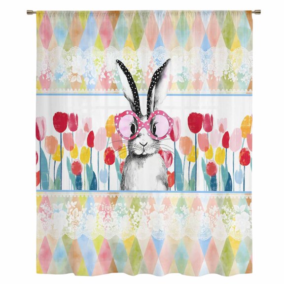 Easter Bunny Sheer Curtains 54 Inches Long, Spring Tulips Oil Painting Abstract Modern Light Filering Curtains, Breathable Simi Curtain Privacy Drapes for Kitchen Bathroom Small Window Treatment