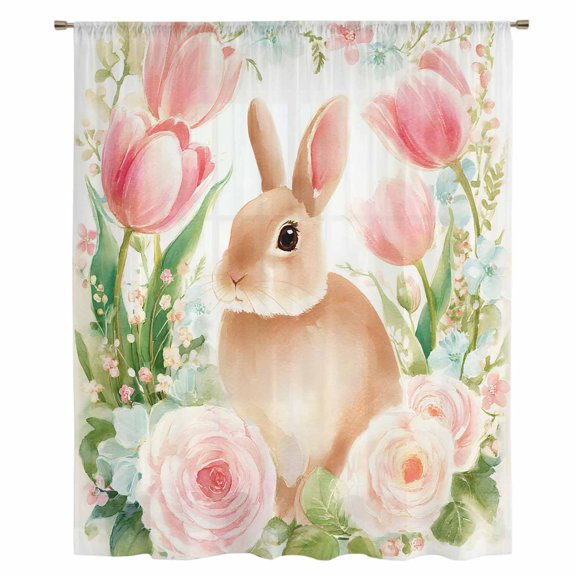 Easter Bunny Sheer Curtains 54" Long, Pink Tulip Flowers Spring Leaves Rustic Botanical Light Filering Curtains, Breathable Simi Curtain Privacy Drapes for Kitchen Bathroom Small Window Treatment