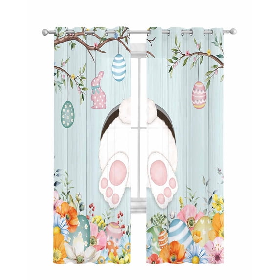 Easter Bunny Sheer Curtains 63 Inch Length 2 Panels Set for Living Room/Bedroom, Easter Eggs Spring Farmhouse Wood Grain Teal Blue Kitchen Curtains Grommet Curtains Window Treatments 42"x63"x2