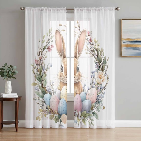 Easter Bunny Sheer Curtains 63 Inch Length 2 Panels Set, Spring Floral Colorful Eggs Wreath Voile Window Treatment Rod Pocket Curtains Sheers Drapes for Bedroom/Living Room/Kitchen 52x"63"x2