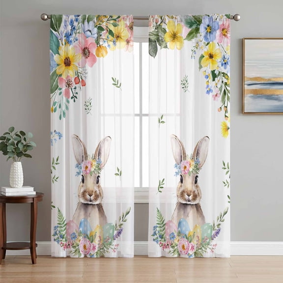 Easter Bunny Sheer Curtains 63 Inch Length 2 Panels Set, Spring Watercolor Country Flower Leaf Plant Voile Window Treatment Rod Pocket Curtains Sheers Drapes for Bedroom/Living Room/Kitchen 52x"63"x2