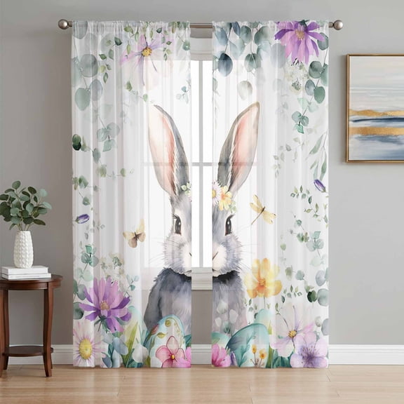 Easter Bunny Sheer Curtains 63 Inch Length 2 Panels Set, Spring Watercolor Eggs Country Flower Leaf Voile Window Treatment Rod Pocket Curtains Sheers Drapes for Bedroom/Living Room/Kitchen 52x"63"x2