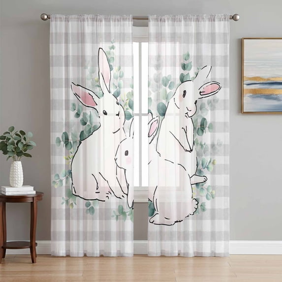 Easter Bunny Sheer Curtains 63 Inch Length 2 Panels Set Window Treatments, Eucalyptus Leaves Rabbits Country Grey Plaid Rod Pocket Semi Curtains for Living Room/Bedroom/Kitchen Décor, 104"W x 63"L