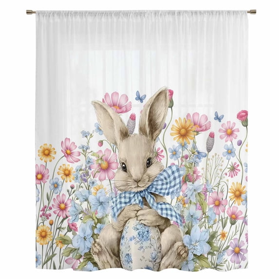 Easter Bunny Sheer Curtains 63 Inches Long, Eggs Spring Daisy Retro Rabbits Country Plants Light Filering Curtains, Breathable Simi Curtain Privacy Drapes for Living Room Bedroom Window Treatment