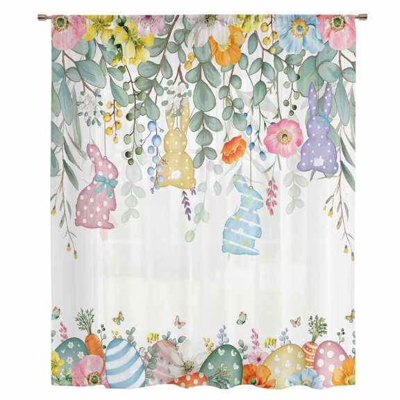 Easter Bunny Sheer Curtains 63 Inches Long, Eucalyptus Leaves Spring Easter Eggs Country Light Filering Curtains, Breathable Simi Curtain Privacy Drapes for Living Room Bedroom Window Treatment