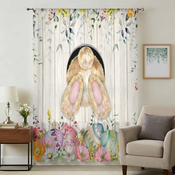 Easter Bunny Sheer Curtains 63 Inches Long, Spring Easter Eggs Eucalyptus Flowers Wooden Light Filering Curtains, Breathable Simi Curtain Privacy Drapes for Living Room Bedroom Window Treatment