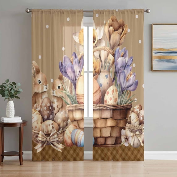 Easter Bunny Sheer Curtains 72 Inch Length 2 Panels Set Window Treatments, Brown Eggs Flowers Rabbits Vintage Dots Plaid Rod Pocket Semi Curtains for Living Room/Bedroom/Kitchen Décor, 104"W x 72"L