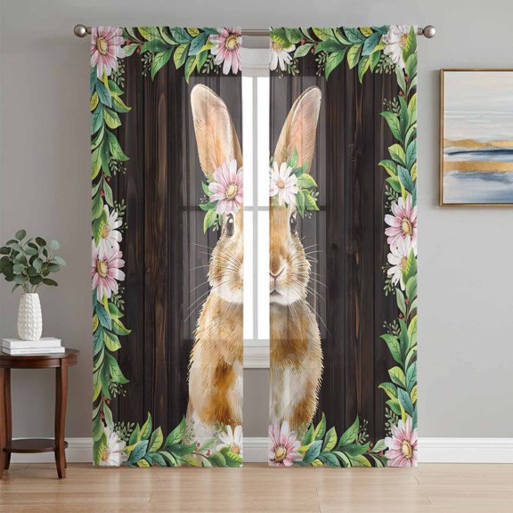 Easter Bunny Sheer Curtains 72 Inch Length 2 Panels Set Window Treatments, Spring Daisy Botanical Leaves Brown Wood Rod Pocket Semi Curtains for Living Room/Bedroom/Kitchen Décor, 104"W x 72"L