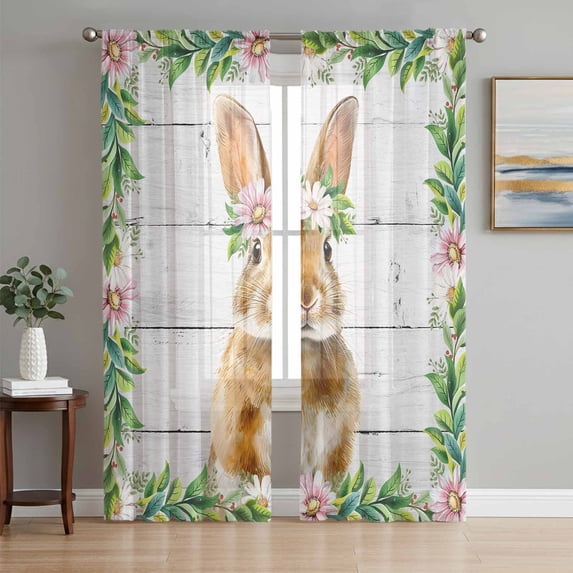 Easter Bunny Sheer Curtains 72 Inch Length 2 Panels Set Window Treatments, Spring Daisy Botanical Leaves Gray Wooden Rod Pocket Semi Curtains for Living Room/Bedroom/Kitchen Décor, 104"W x 72"L