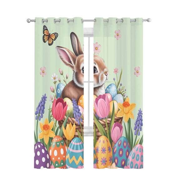 Easter Bunny Sheer Curtains 84 Inch Length 2 Panels Set for Living Room/Bedroom, Colorful Eggs Spring Tulips Flower Green Kitchen Curtains Grommet Semi-Sheer Curtains Window Treatments 42"x84"x2