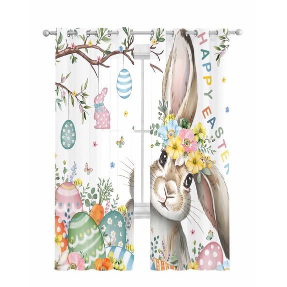 Easter Bunny Sheer Curtains 84 Inch Length 2 Panels Set for Living Room/Bedroom, Spring Easter Eggs Floral Leaves Watercolor Kitchen Curtains Grommet Semi-Sheer Curtains Window Treatments 42"x84"x2