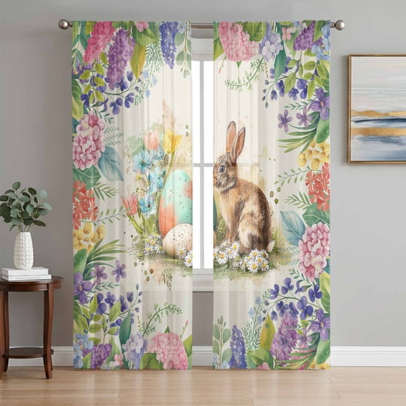 Easter Bunny Sheer Curtains 84 Inch Length 2 Panels Set, Spring Floral Blossom Easter Eggs Watercolor Voile Window Treatment Curtains Sheers Drapes for Bedroom/Living Room/Kitchen 52"x84"x2