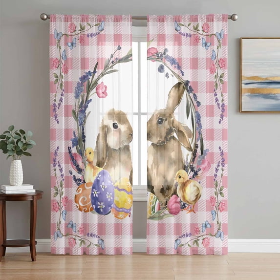 Easter Bunny Sheer Curtains 84 Inch Length 2 Panels Set Window Treatments, Spring Easter Eggs Chick Floral Pink Check Rod Pocket Semi Curtains for Living Room/Bedroom/Kitchen Décor, 104"W x 84"L