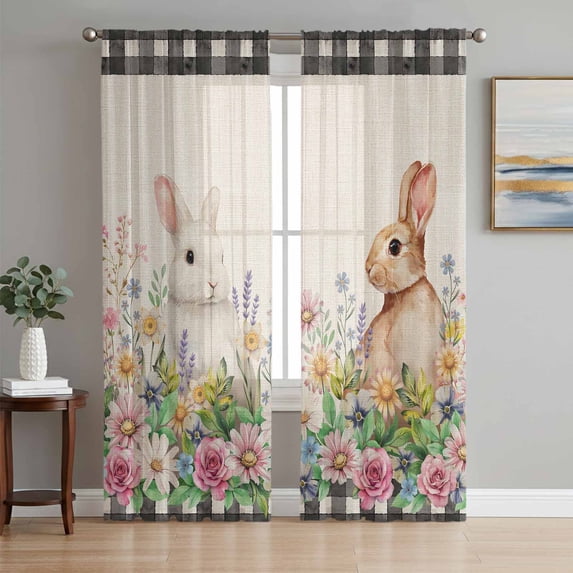 Easter Bunny Sheer Curtains 96 Inch Length 2 Panels for Living Room, Spring Flowers Leaves Cute Rabbits Pastoral Plants Voile Kitchen Curtain Set, Luxury Privacy Drapes Window Treatment for Bedroom