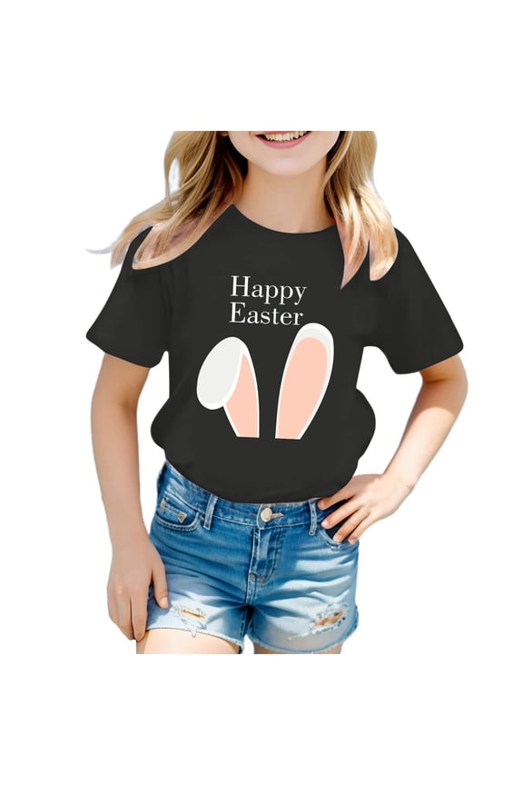Easter Bunny Shirt Toddler Boys Girls Happy Easter T Shirt Kids Cute Rabbit Graphic Tees Tops Black L(4 Years-5 Years)