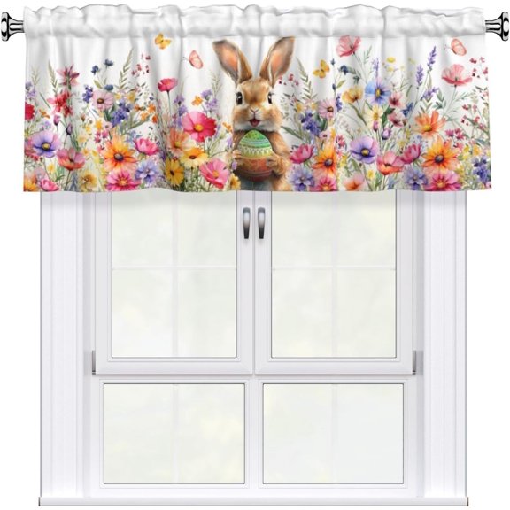 Easter Bunny Short Curtains 54"x18" Easter Egg Cute Rabbits Valances for Windows Colorful Spring Floral Small Window Treatment Rod Pocket Valance for Holiday Kitchen Living Room Decor