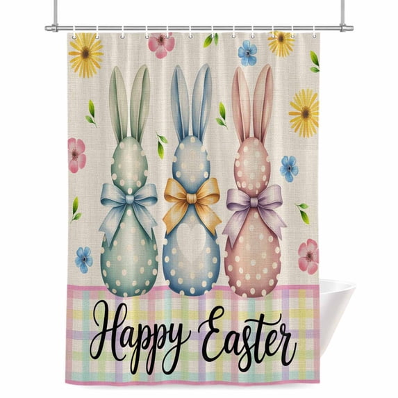 Easter Bunny Shower Curtain, 72" x 84", Colorful Eggs Bow Rabbit Flower Polka Dots Linen Texture Waterproof Bathroom Curtain Washable Shower Curtain Set with 12 Hooks