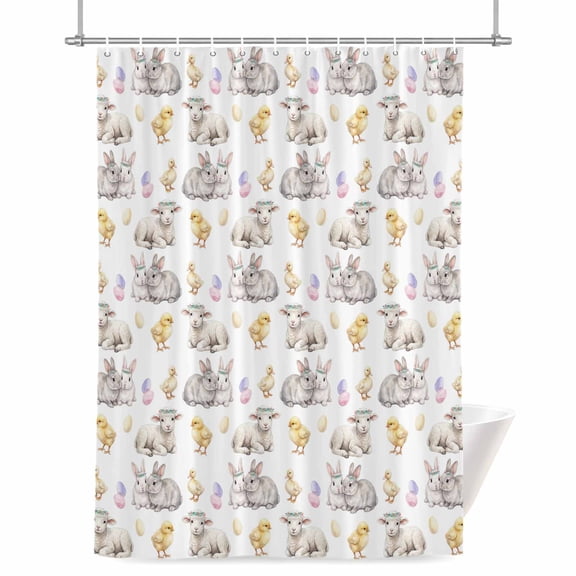 Easter Bunny Shower Curtain, 72" x 84", Spring Cute Rabbit Easter Egg Lamb Yellow Chicks Waterproof Bathroom Curtain Washable Shower Curtain Set with 12 Hooks