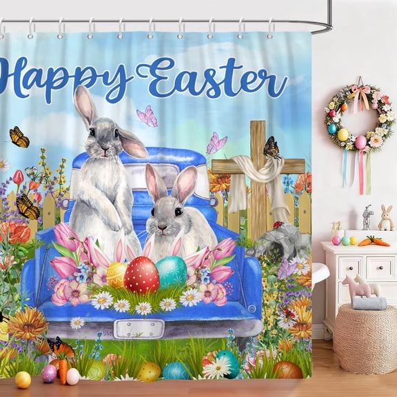 Easter Bunny Shower Curtain Blue Easter Shower Curtains for Bathroom Spring Flowers Truck Bath Curtain Decor,72x72