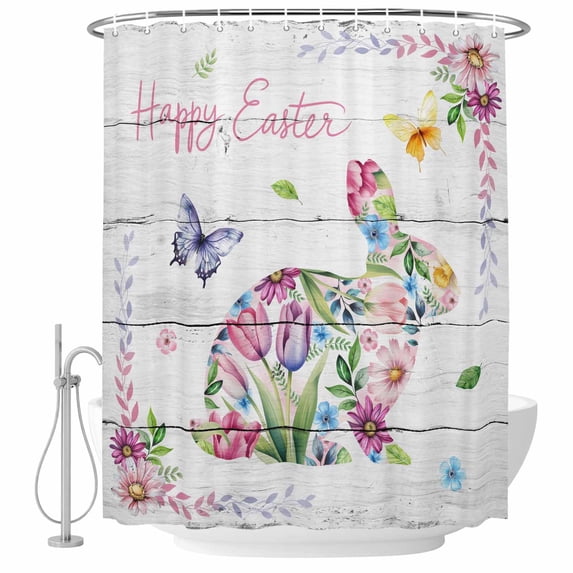 Easter Bunny Shower Curtain, Waterproof Shower Curtains for Bathroom, Spring Flower Daisy Tulips Farmhouse Wood Plank Washable Fabric Bathtub Curtain Set Bath Decor with 12 Hooks Long 72"x84"