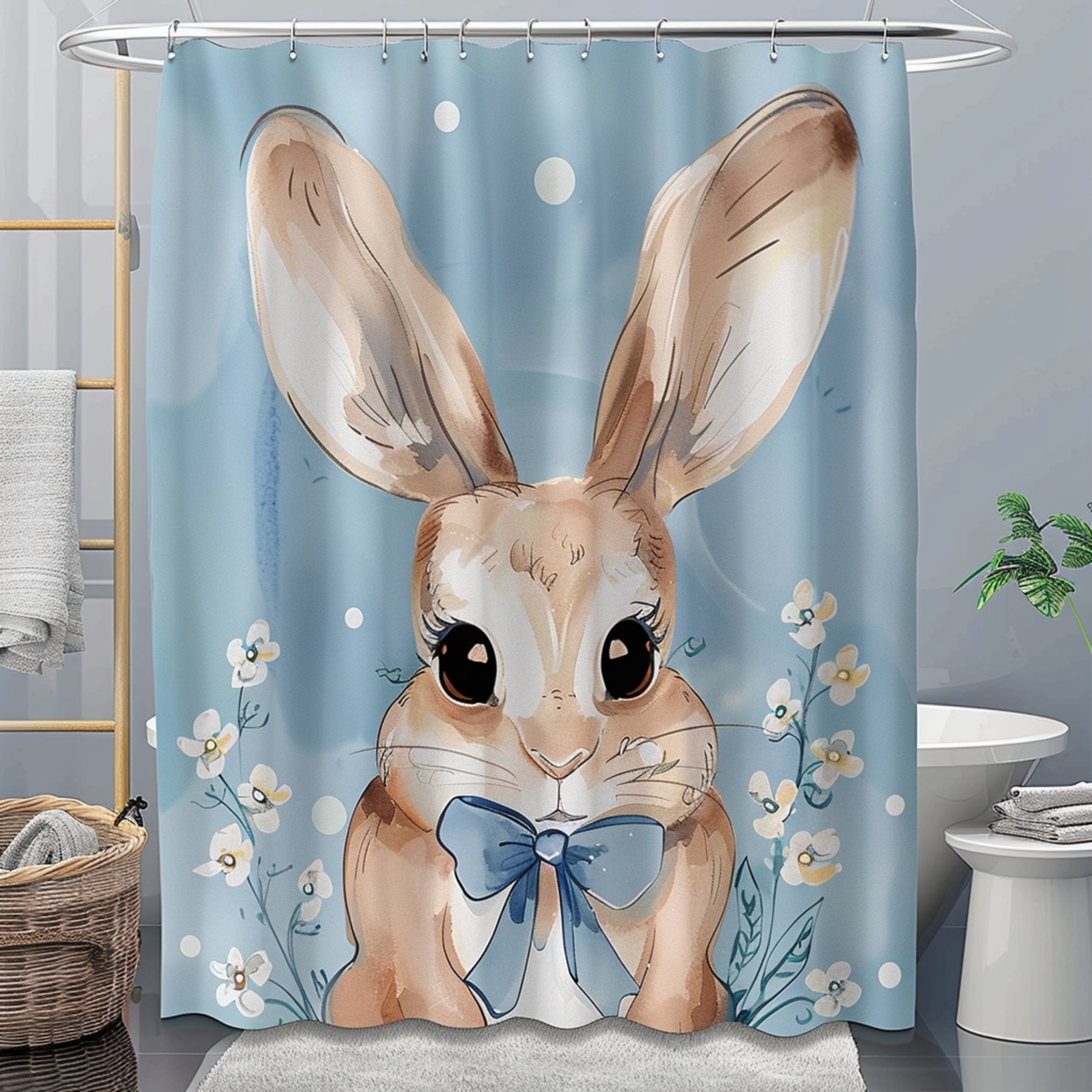 Easter Bunny Shower Curtain for Kids Bathroom Blue Background Cute ...