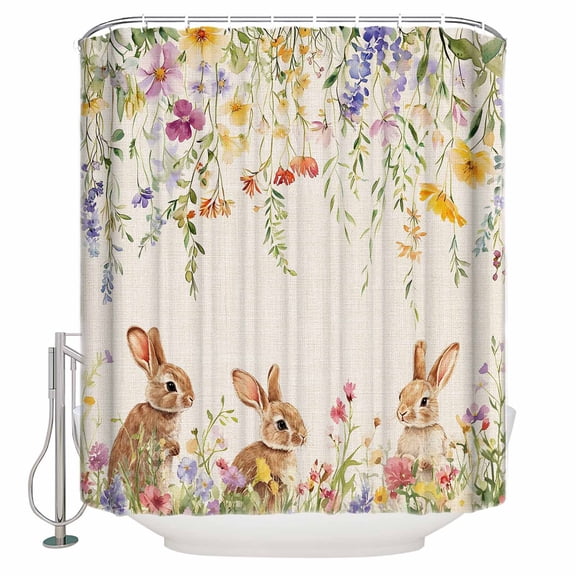Easter Bunny Shower Curtains for Bathroom Waterproof Fabric Bath Curtains Decor Bath Tub Curtain Rustic Retro Spring Rabbit Flowers Plants Decorative Shower Curtain Sets with 12 Hooks, 72x72 Inch