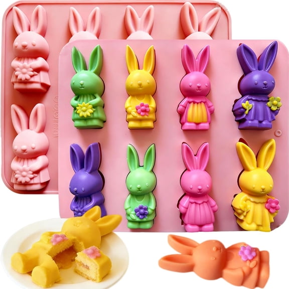 2 Pack Easter Bunny Silicone Mold Set, 3D Bunny Shapes For Chocolate, Candy, Cake Pops, Ice Cubes, Gelatin, Soap And Resin, Food Grade Flexible Nonstick Baking Mold