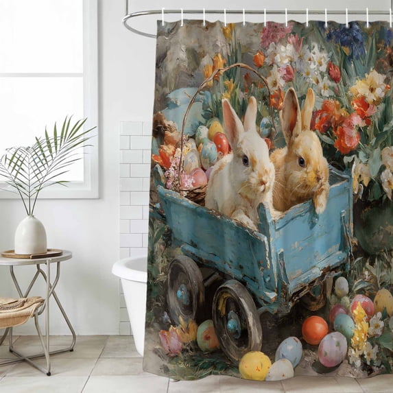 Easter Bunny Small Stall Shower Curtain, Waterproof Shower Curtains for Bathroom, Rabbits Spring Flowers Eggs Country Vintage Washable Fabric Bath Curtain for Bathtub with Hooks 36x72 Inches