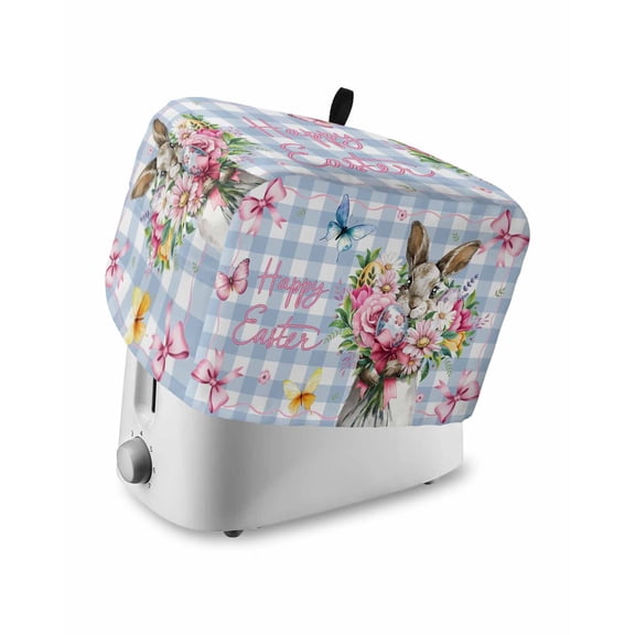 Easter Bunny Small Toaster Cover 2 Slice, Kitchen Appliance Covers, Cute Rabbits Spring Daisy Flowers Blue Plaid Toaster Oven Cover with Loop, Bread Machine Cover Polyester Dust Cover Protection