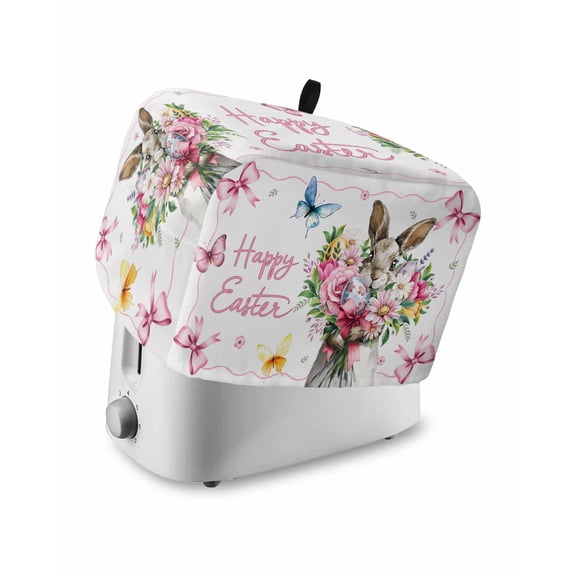 Easter Bunny Small Toaster Cover 2 Slice, Kitchen Appliance Covers, Cute Rabbits Spring Daisy Flowers Butterfly Toaster Oven Cover with Loop, Bread Machine Cover Polyester Dust Cover Protection