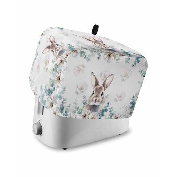 Easter Bunny Small Toaster Cover 2 Slice, Kitchen Appliance Covers, Eucalyptus Leaves Cute Rabbit White Flowers Toaster Oven Cover with Loop, Bread Machine Cover Polyester Dust Cover Protection