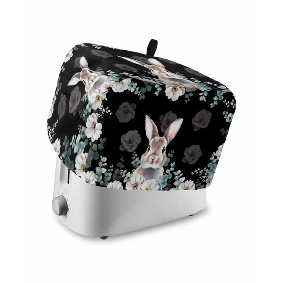 Easter Bunny Small Toaster Cover 2 Slice, Kitchen Appliance Covers, Eucalyptus Leaves Rabbit Flowers Black Toaster Oven Cover with Loop, Bread Machine Cover Polyester Dust Cover Protection