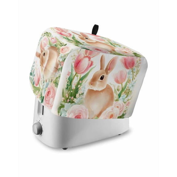Easter Bunny Small Toaster Cover 2 Slice, Kitchen Appliance Covers, Pink Tulip Flowers Spring Leaves Rustic Botanical Toaster Oven Cover with Loop, Bread Machine Cover Polyester Dust Cover Protection