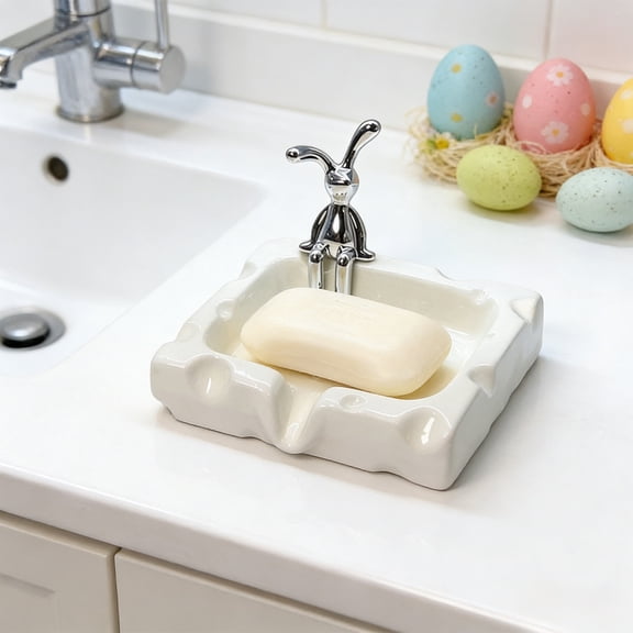 Easter Bunny Soap Dish Ceramic with Drain Holes, White Bunny Shaped Soap Holder for Bathroom Sink or Kitchen, Cute Easter & Spring Home Decor
