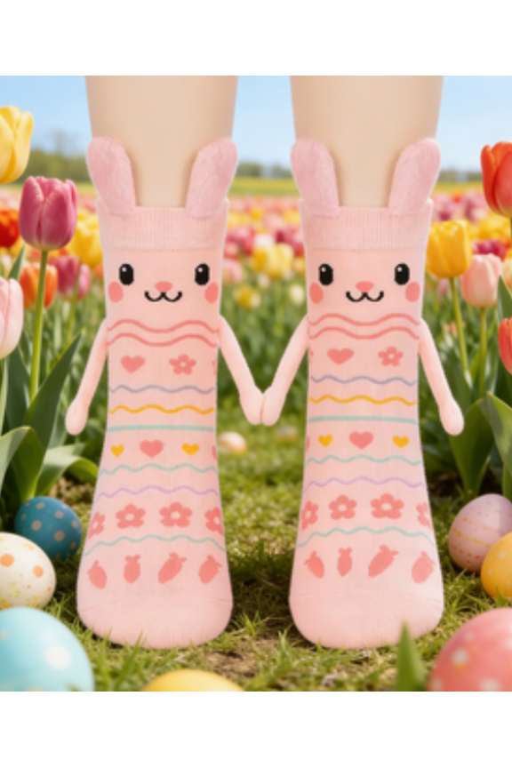 Easter Bunny Socks with Magnetic Holding Hands - Cute 3D Rabbit Socks with Detachable Magnets, Soft Cotton Blend Crew Socks for Women, Novelty Hand-Holding Design