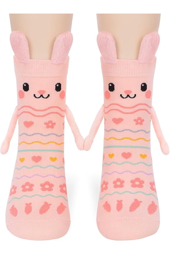 Easter Bunny Socks with Magnetic Holding Hands, Crazy Socks for Kids Women, Funny Gifts for Easter Basket Stuffers(Pink)